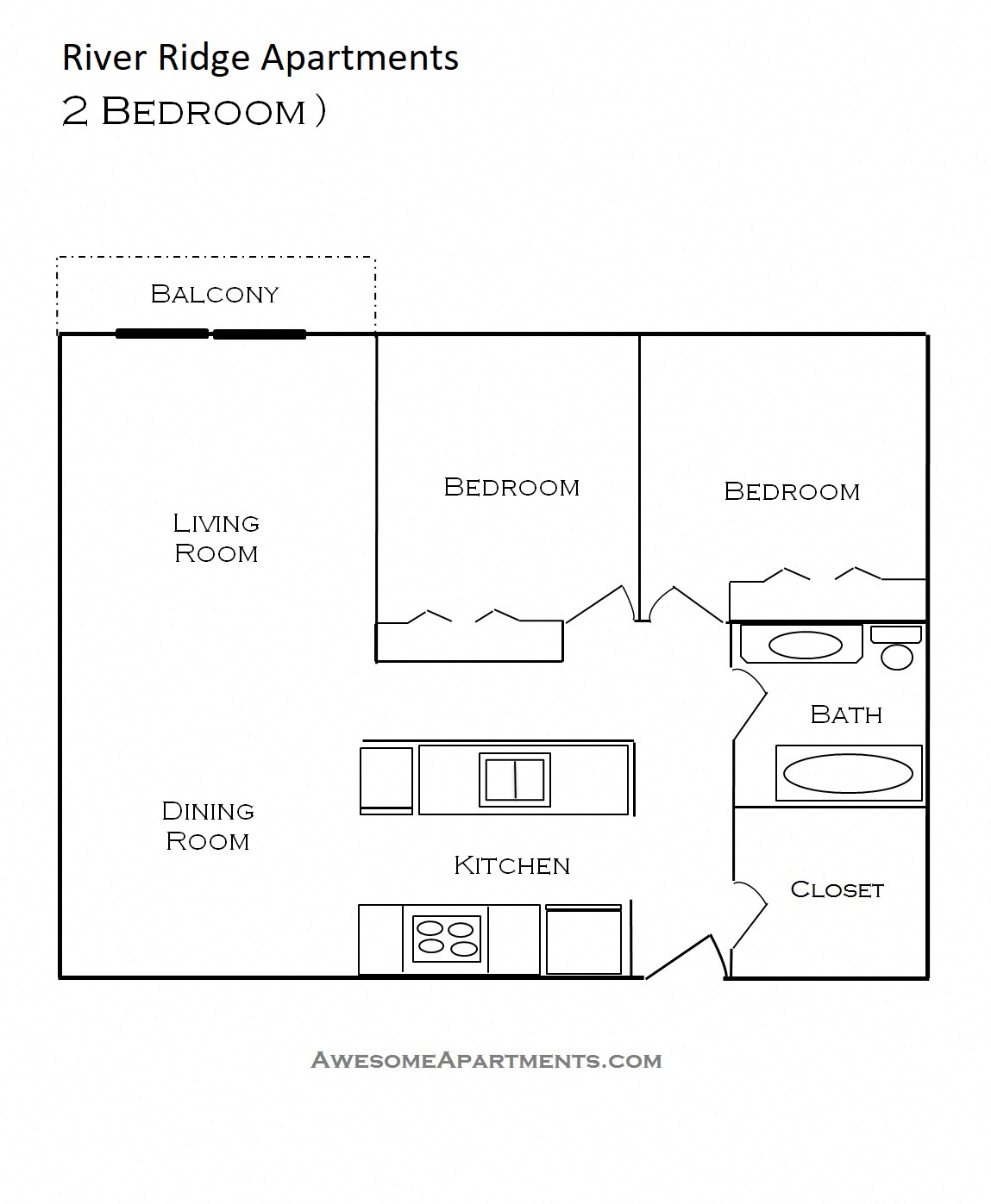 Floor plan for 2 beds, 1 bath, 1044 sqft